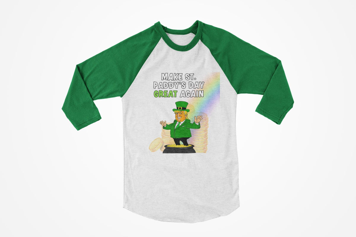 St. Patricks Day Festive and Political Trump Figure Themed Make St. Paddys Day Great Again End of the Rainbow Juniors Womens 3/4 Raglan T Shirt Women's Raglan Oldglory.com