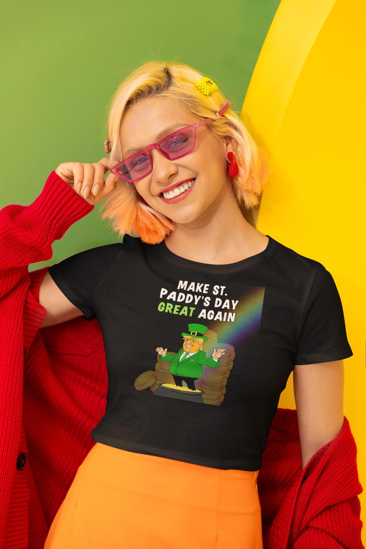 St. Patricks Day Festive and Political Trump Figure Themed Make St. Paddys Day Great Again End of the Rainbow Juniors Womens Crop Top T Shirt Juniors Crop T-Shirts Oldglory.com