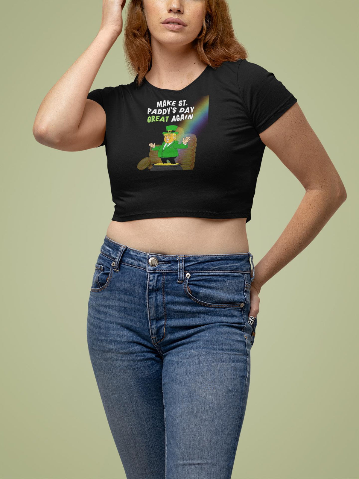 St. Patricks Day Festive and Political Trump Figure Themed Make St. Paddys Day Great Again End of the Rainbow Juniors Womens Crop Top T Shirt Juniors Crop T-Shirts Oldglory.com