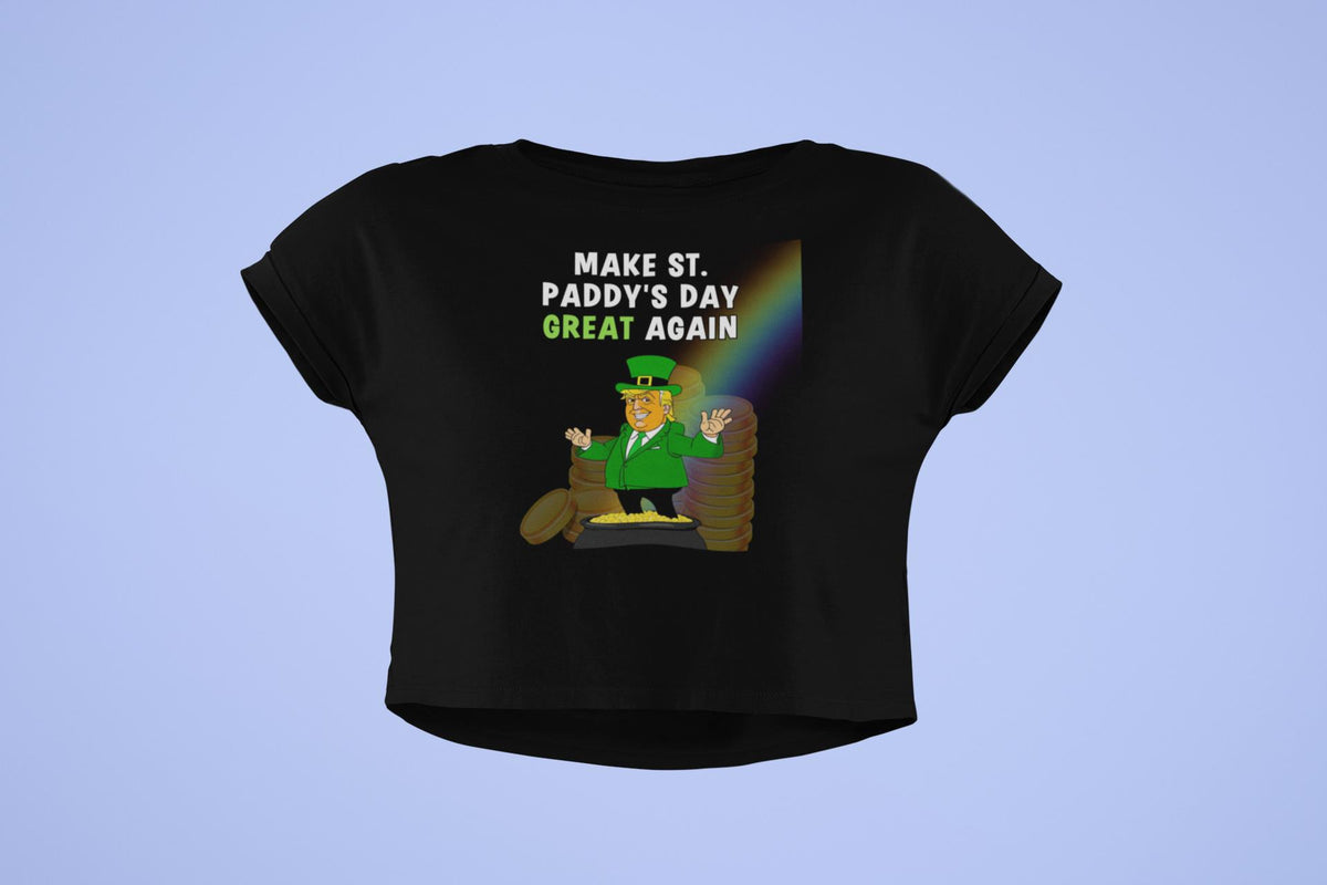 St. Patricks Day Festive and Political Trump Figure Themed Make St. Paddys Day Great Again End of the Rainbow Juniors Womens Crop Top T Shirt Juniors Crop T-Shirts Oldglory.com