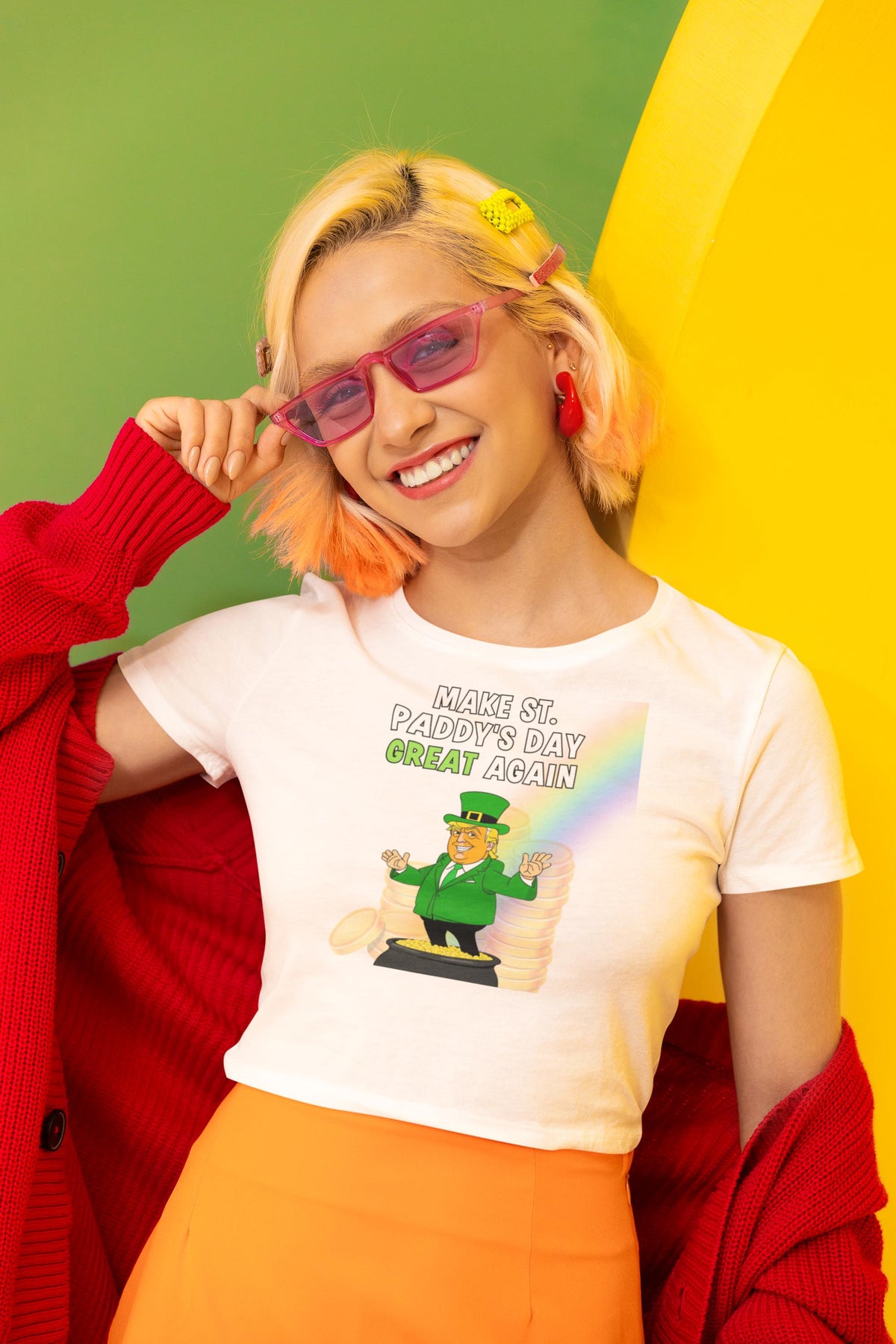 St. Patricks Day Festive and Political Trump Figure Themed Make St. Paddys Day Great Again End of the Rainbow Juniors Womens Crop Top T Shirt Juniors Crop T-Shirts Oldglory.com