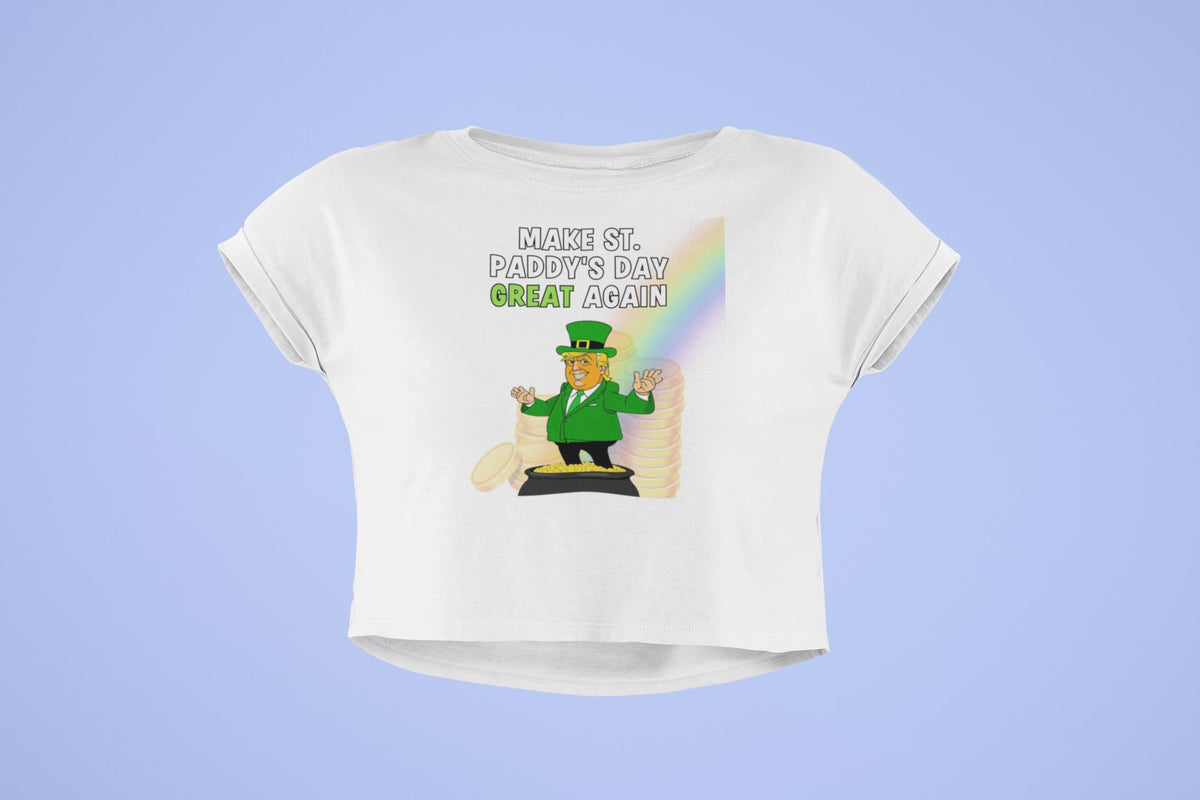 St. Patricks Day Festive and Political Trump Figure Themed Make St. Paddys Day Great Again End of the Rainbow Juniors Womens Crop Top T Shirt Juniors Crop T-Shirts Oldglory.com