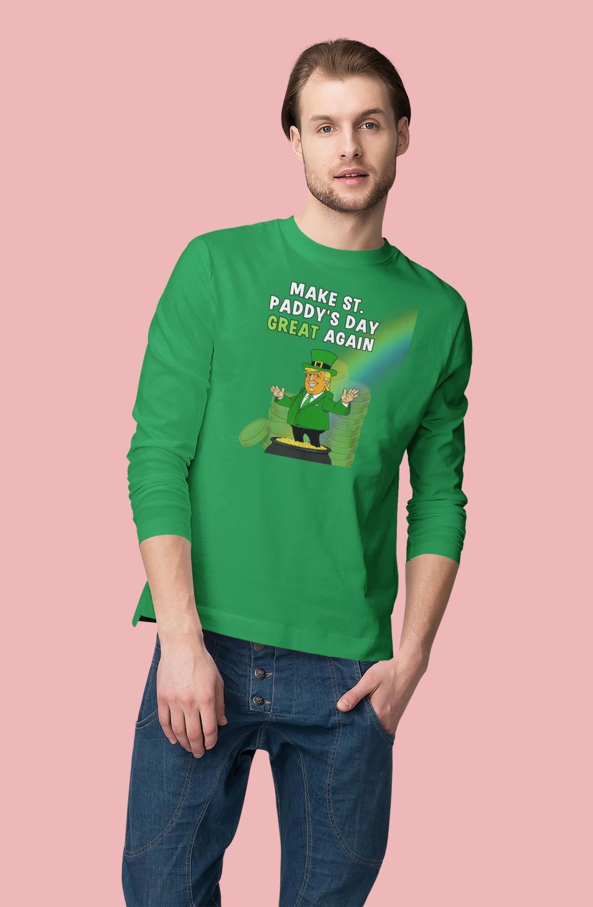 St. Patricks Day Festive and Political Trump Figure Themed Make St. Paddys Day Great Again End of the Rainbow Mens Long Sleeve T Shirt Men's Long Sleeves Oldglory.com