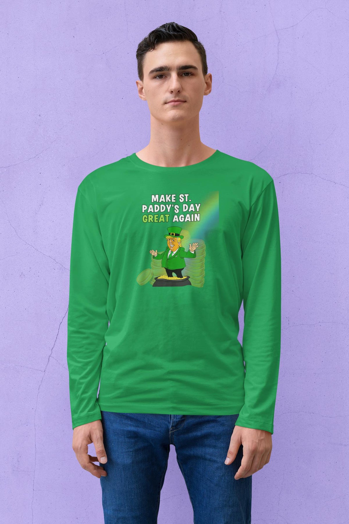 St. Patricks Day Festive and Political Trump Figure Themed Make St. Paddys Day Great Again End of the Rainbow Mens Long Sleeve T Shirt Men's Long Sleeves Oldglory.com