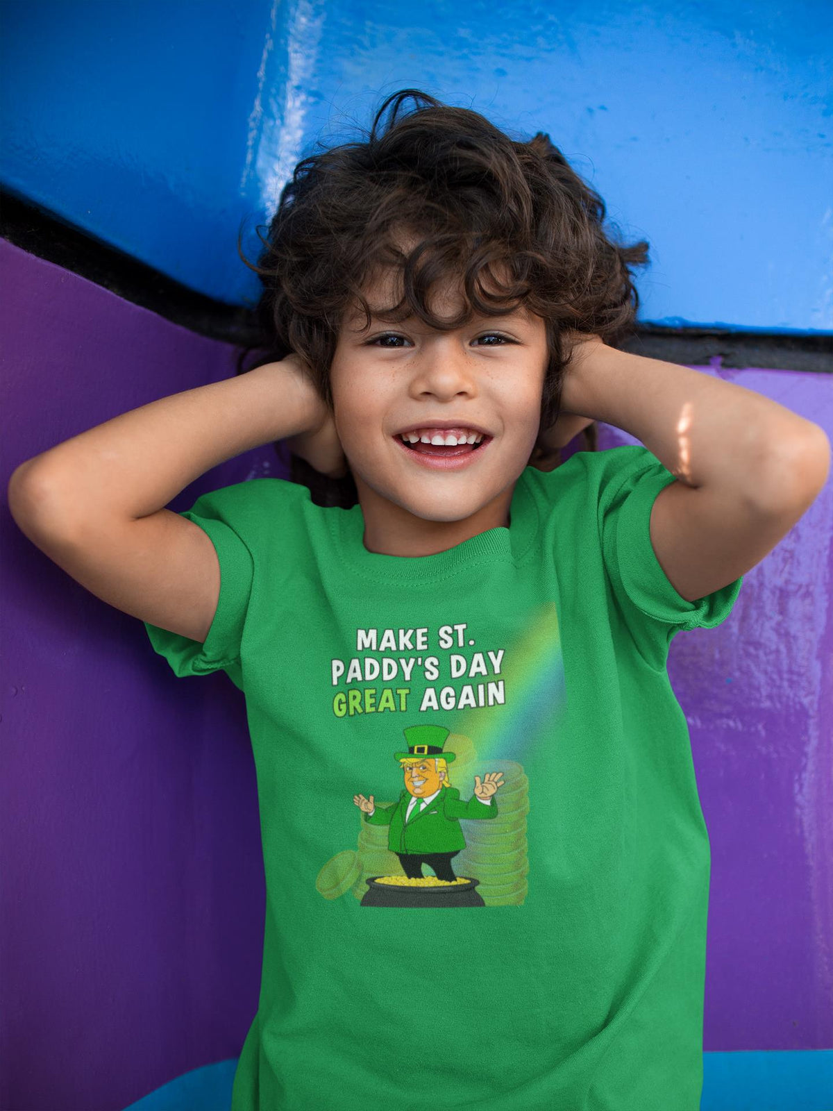 St. Patricks Day Festive and Political Trump Figure Themed Make St. Paddys Day Great Again End of the Rainbow Youth Short Sleeve T Shirt Youth T-Shirts Oldglory.com