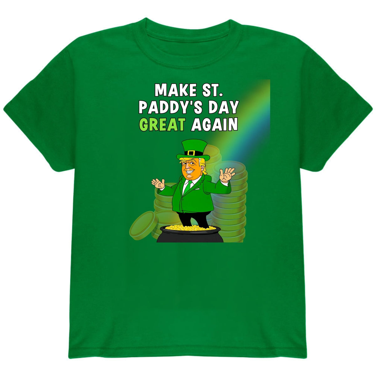 St. Patricks Day Festive and Political Trump Figure Themed Make St. Paddys Day Great Again End of the Rainbow Youth Short Sleeve T Shirt Youth T-Shirts Oldglory.com SM Irish Green