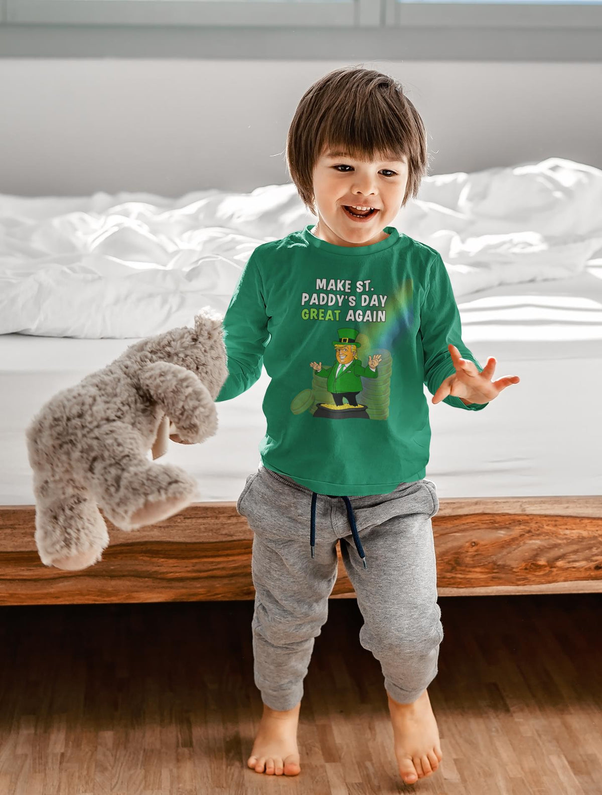 St. Patricks Day Festive and Political Trump Figure Themed Make St. Paddys Day Great Again End of the Rainbow Toddler Long Sleeve T Shirt Toddler Long Sleeves Oldglory.com