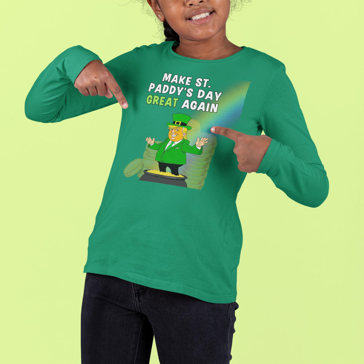 St. Patricks Day Festive and Political Trump Figure Themed Make St. Paddys Day Great Again End of the Rainbow Toddler Long Sleeve T Shirt Toddler Long Sleeves Oldglory.com