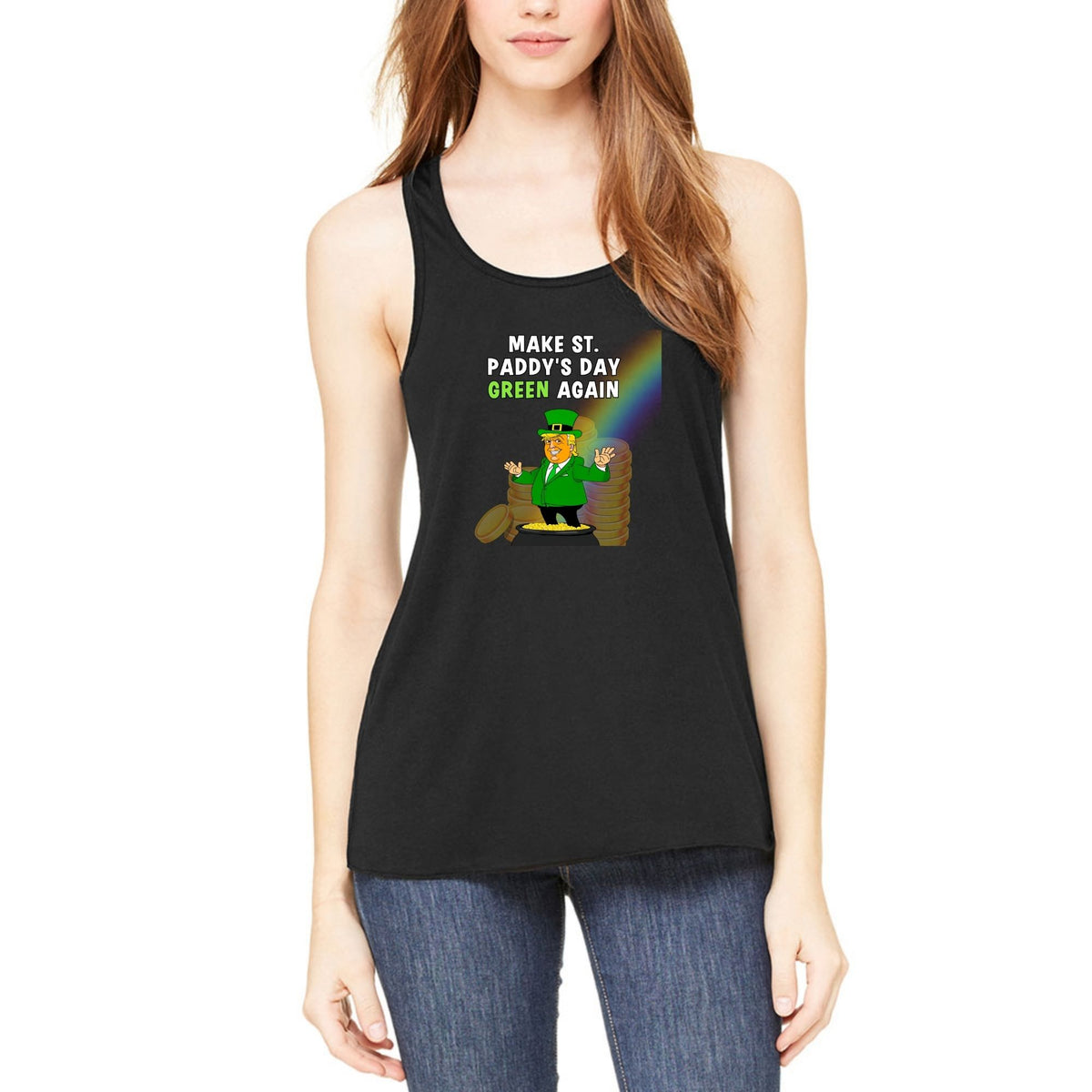 St. Patricks Day Festive and Political Trump Figure Themed Make St. Paddys Day Green Again End of the Rainbow Juniors Womens Racerback Tank Top Juniors Tank Tops Oldglory.com SM Black