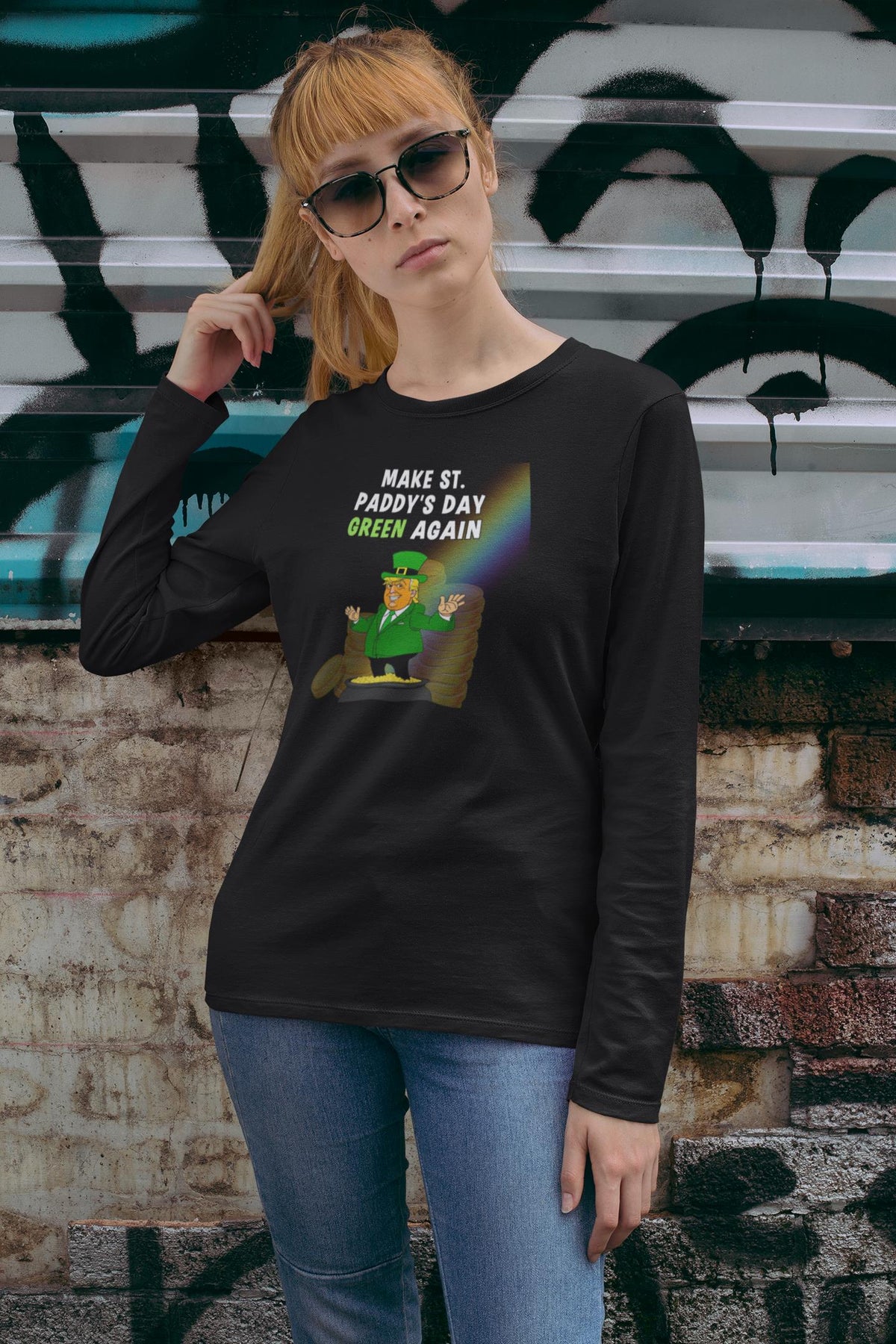 St. Patricks Day Festive and Political Trump Figure Themed Make St. Paddys Day Green Again End of the Rainbow Womens Long Sleeve T Shirt Women's Long Sleeves Oldglory.com