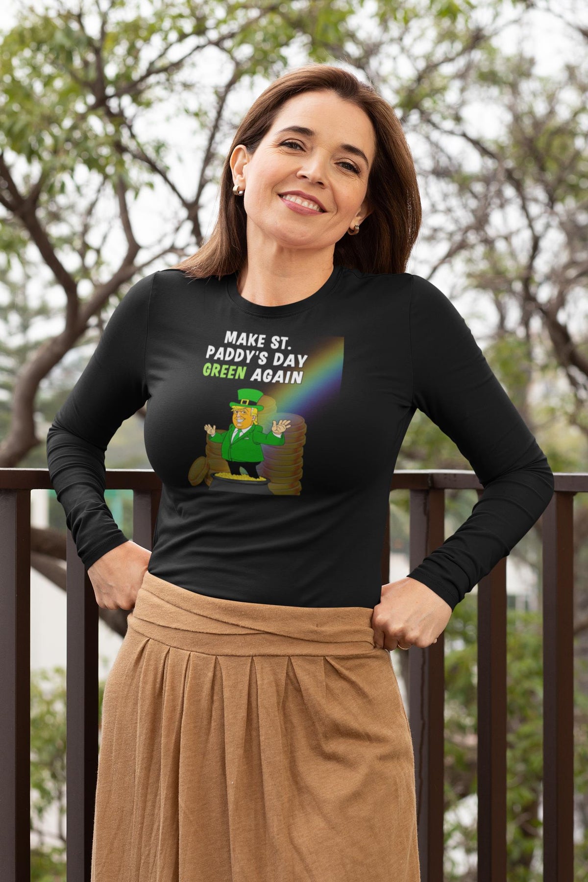 St. Patricks Day Festive and Political Trump Figure Themed Make St. Paddys Day Green Again End of the Rainbow Womens Long Sleeve T Shirt Women's Long Sleeves Oldglory.com