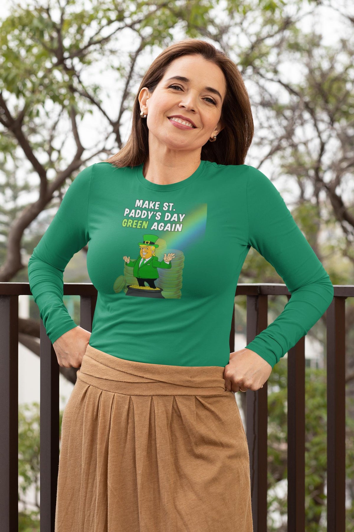 St. Patricks Day Festive and Political Trump Figure Themed Make St. Paddys Day Green Again End of the Rainbow Womens Long Sleeve T Shirt Women's Long Sleeves Oldglory.com