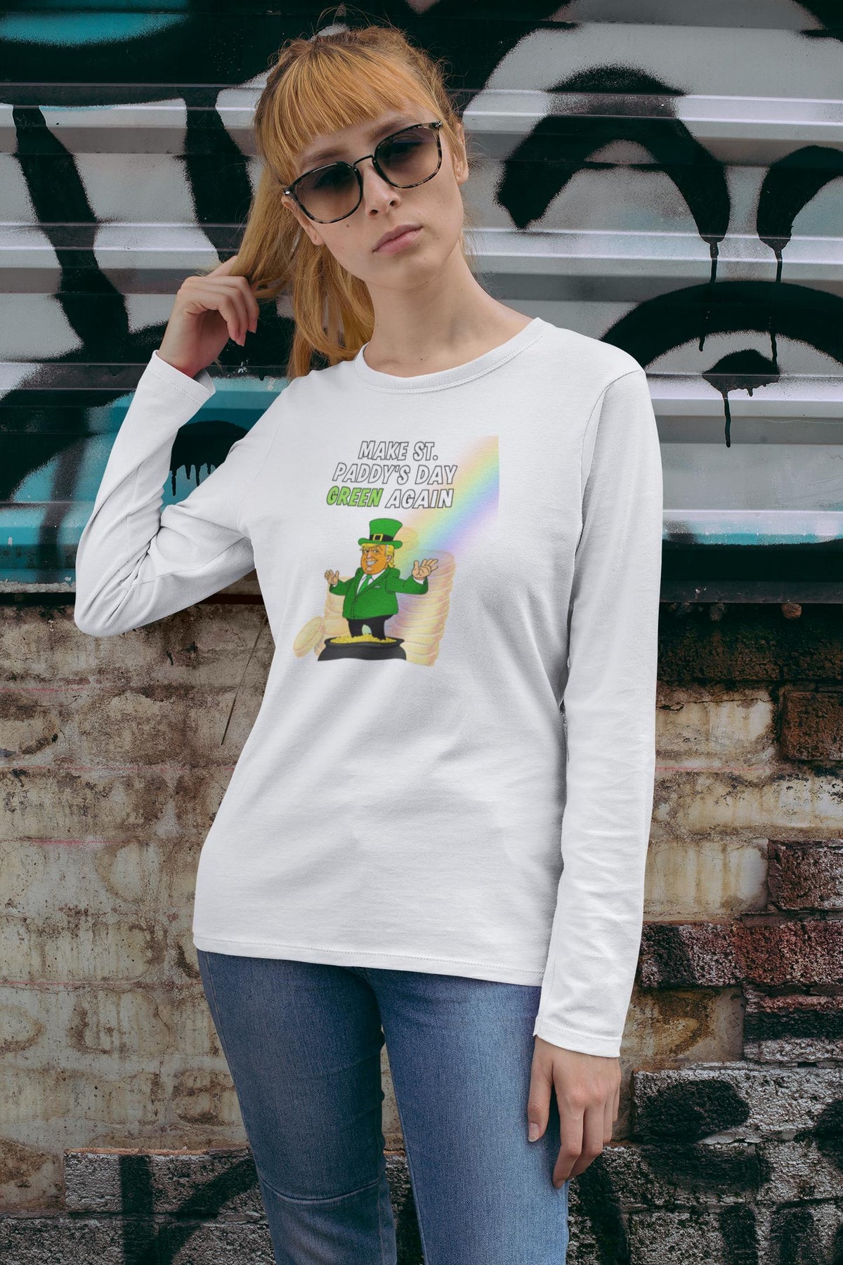 St. Patricks Day Festive and Political Trump Figure Themed Make St. Paddys Day Green Again End of the Rainbow Womens Long Sleeve T Shirt Women's Long Sleeves Oldglory.com