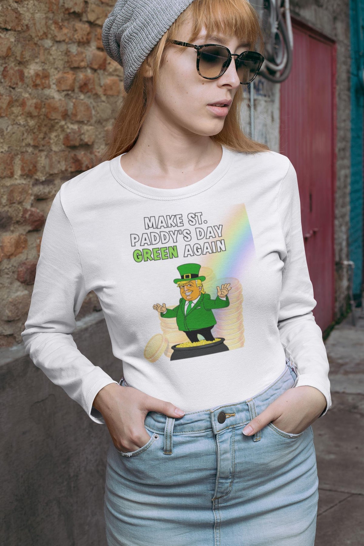 St. Patricks Day Festive and Political Trump Figure Themed Make St. Paddys Day Green Again End of the Rainbow Womens Long Sleeve T Shirt Women's Long Sleeves Oldglory.com