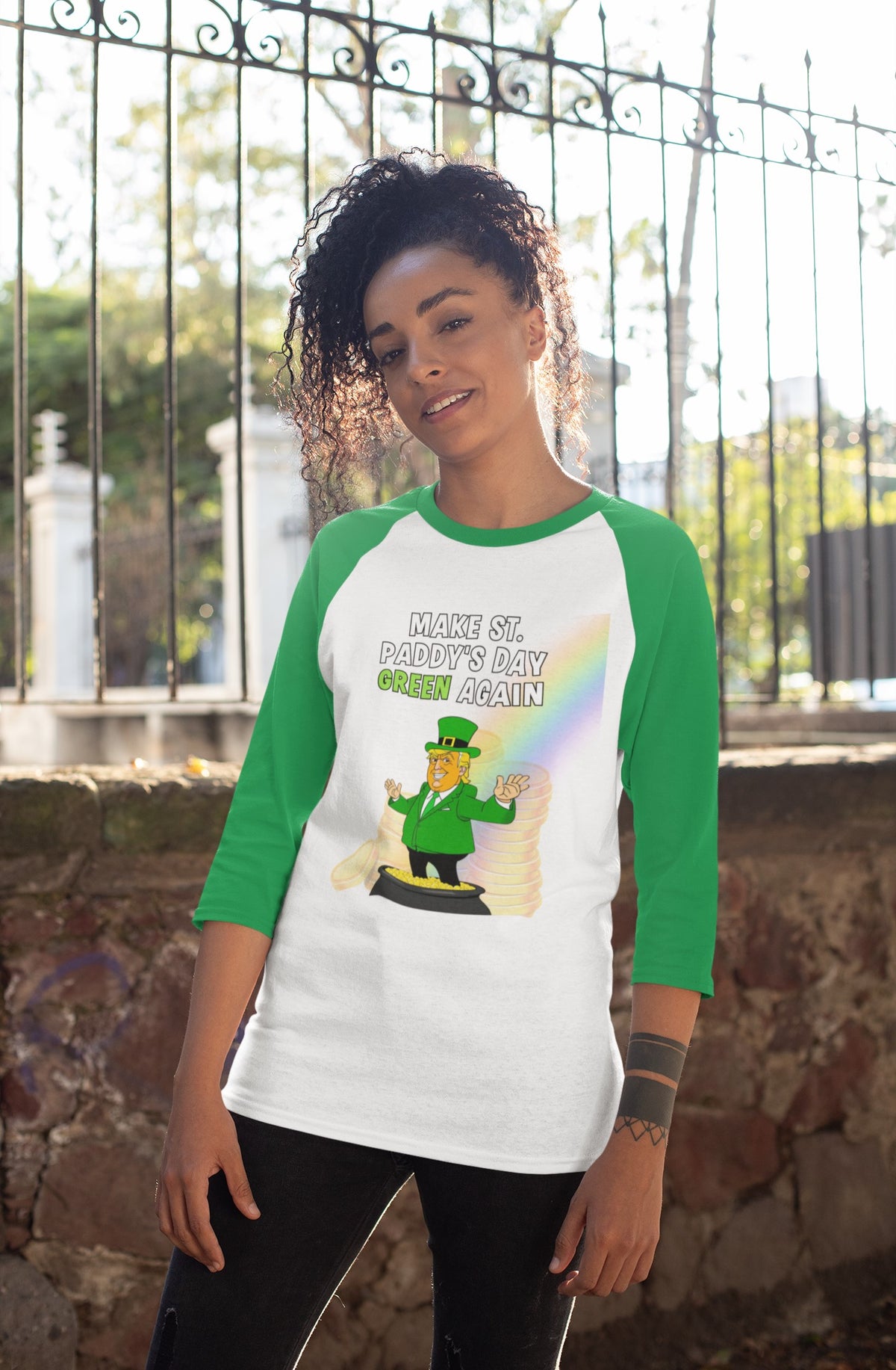 St. Patricks Day Festive and Political Trump Figure Themed Make St. Paddys Day Green Again End of the Rainbow Juniors Womens 3/4 Raglan T Shirt Women's Raglan Oldglory.com