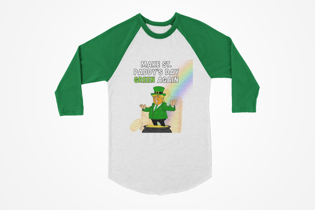 St. Patricks Day Festive and Political Trump Figure Themed Make St. Paddys Day Green Again End of the Rainbow Juniors Womens 3/4 Raglan T Shirt Women's Raglan Oldglory.com