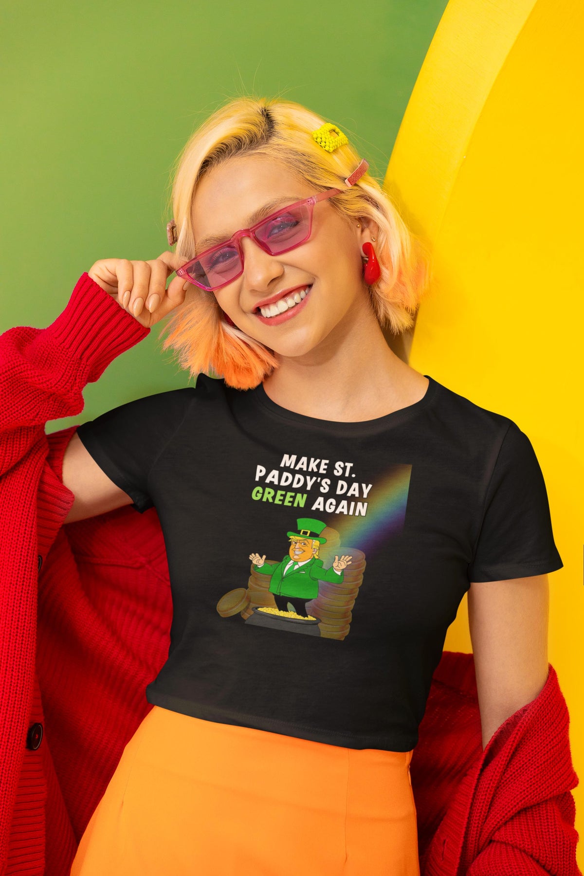 St. Patricks Day Festive and Political Trump Figure Themed Make St. Paddys Day Green Again End of the Rainbow Juniors Womens Crop Top T Shirt Juniors Crop T-Shirts Oldglory.com