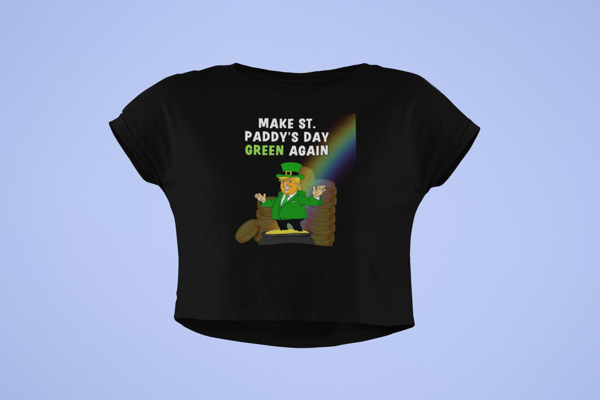 St. Patricks Day Festive and Political Trump Figure Themed Make St. Paddys Day Green Again End of the Rainbow Juniors Womens Crop Top T Shirt Juniors Crop T-Shirts Oldglory.com