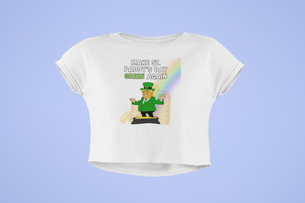 St. Patricks Day Festive and Political Trump Figure Themed Make St. Paddys Day Green Again End of the Rainbow Juniors Womens Crop Top T Shirt Juniors Crop T-Shirts Oldglory.com