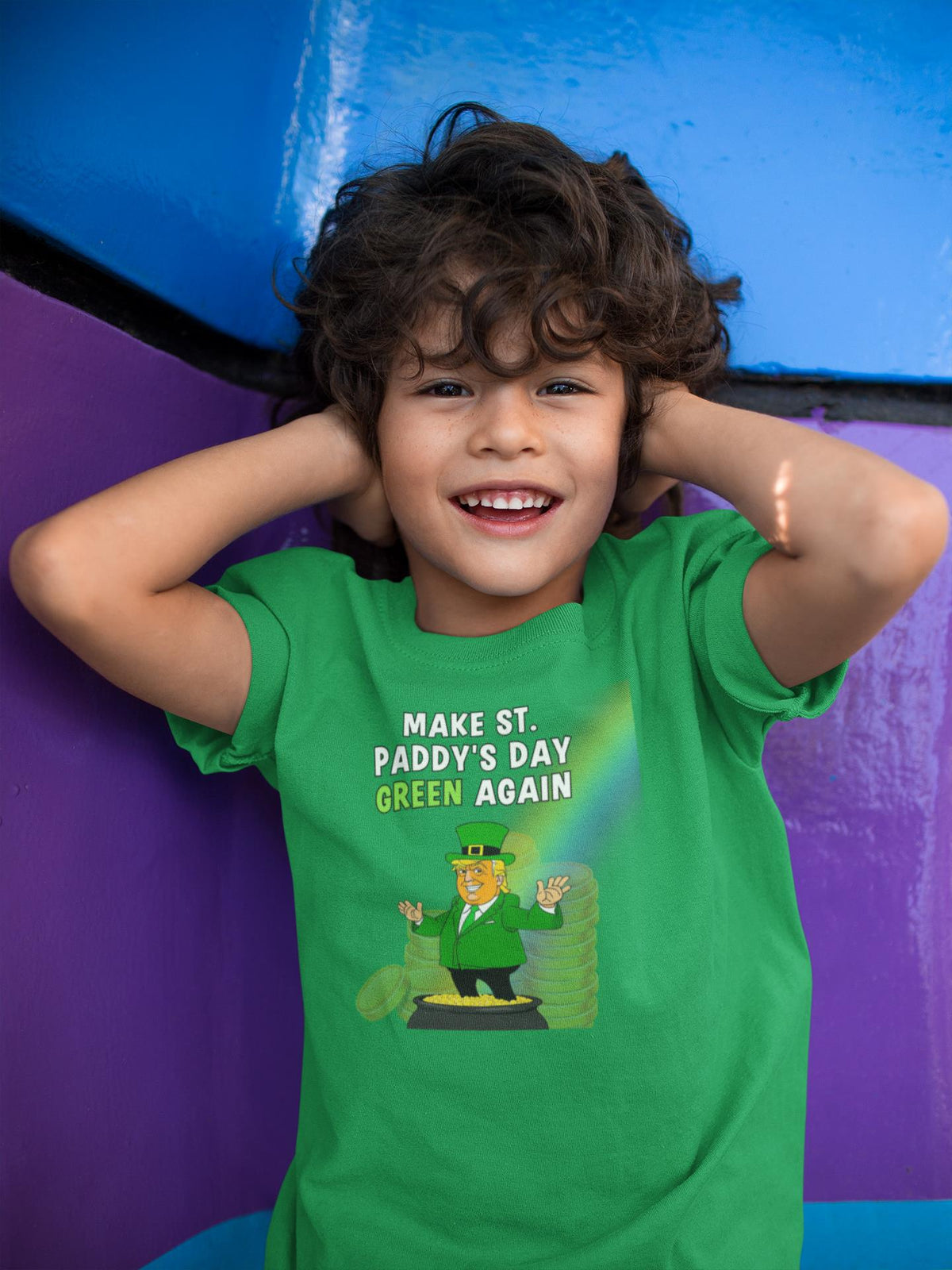 St. Patricks Day Festive and Political Trump Figure Themed Make St. Paddys Day Green Again End of the Rainbow Youth Short Sleeve T Shirt Youth T-Shirts Oldglory.com