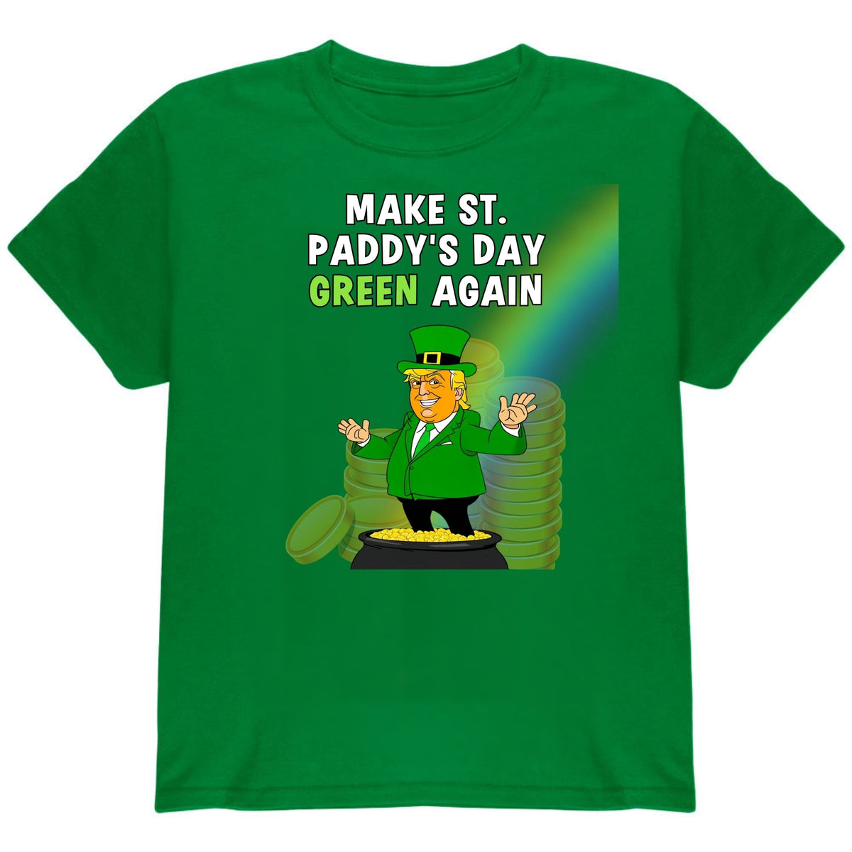 St. Patricks Day Festive and Political Trump Figure Themed Make St. Paddys Day Green Again End of the Rainbow Youth Short Sleeve T Shirt Youth T-Shirts Oldglory.com SM Irish Green