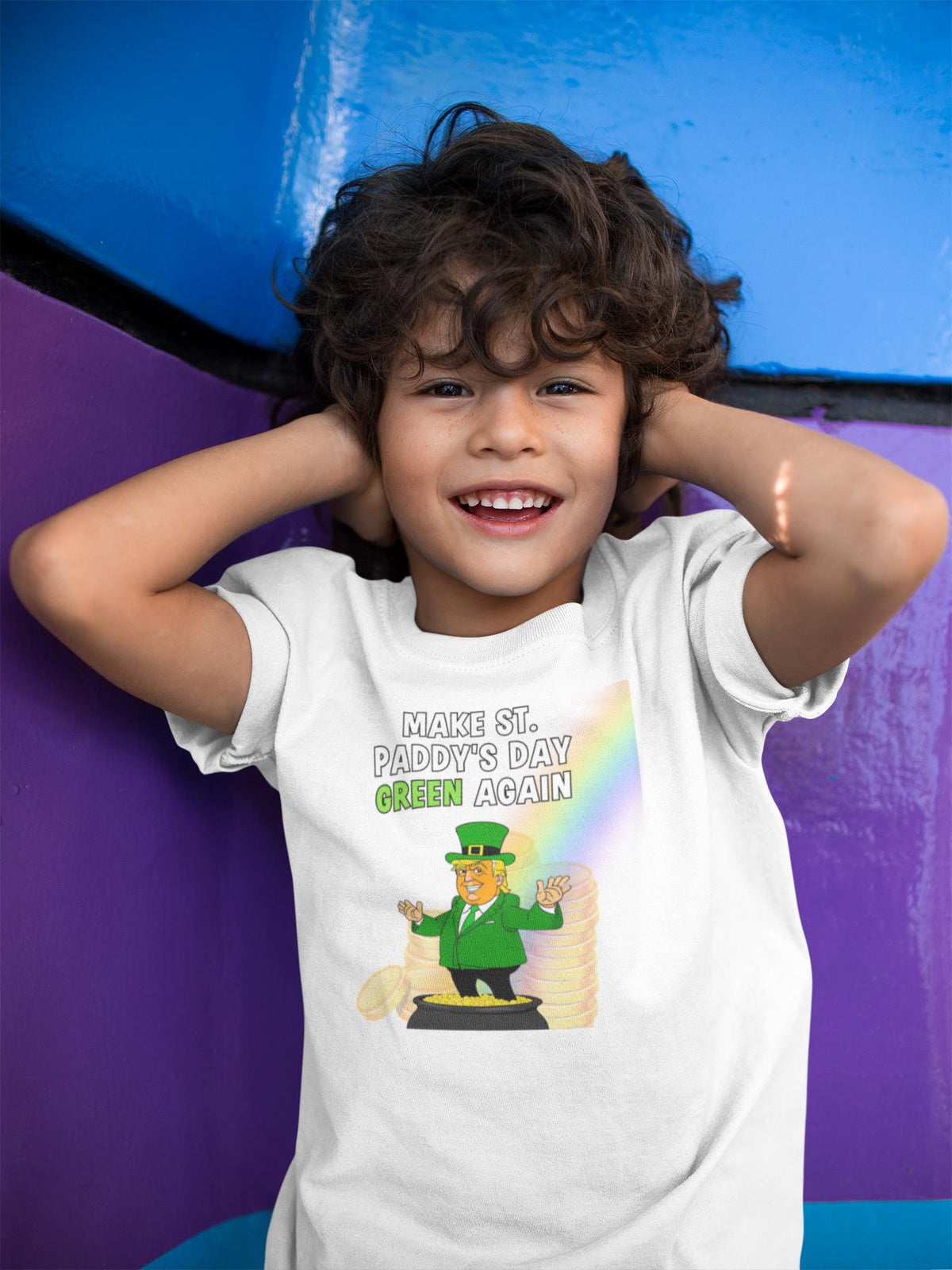 St. Patricks Day Festive and Political Trump Figure Themed Make St. Paddys Day Green Again End of the Rainbow Youth Short Sleeve T Shirt Youth T-Shirts Oldglory.com