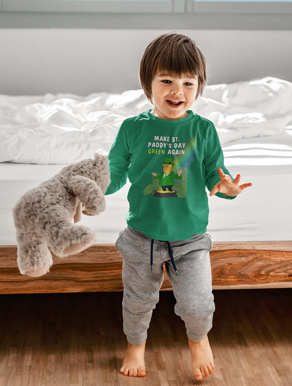 St. Patricks Day Festive and Political Trump Figure Themed Make St. Paddys Day Green Again End of the Rainbow Toddlers Long Sleeve T Shirt Toddler Long Sleeves Oldglory.com