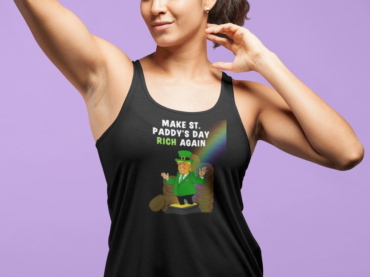 St. Patricks Day Festive and Political Trump Figure Themed Make St. Paddys Day Rich Again End of the Rainbow Juniors Womens Racerback Tank Top Juniors Tank Tops Oldglory.com