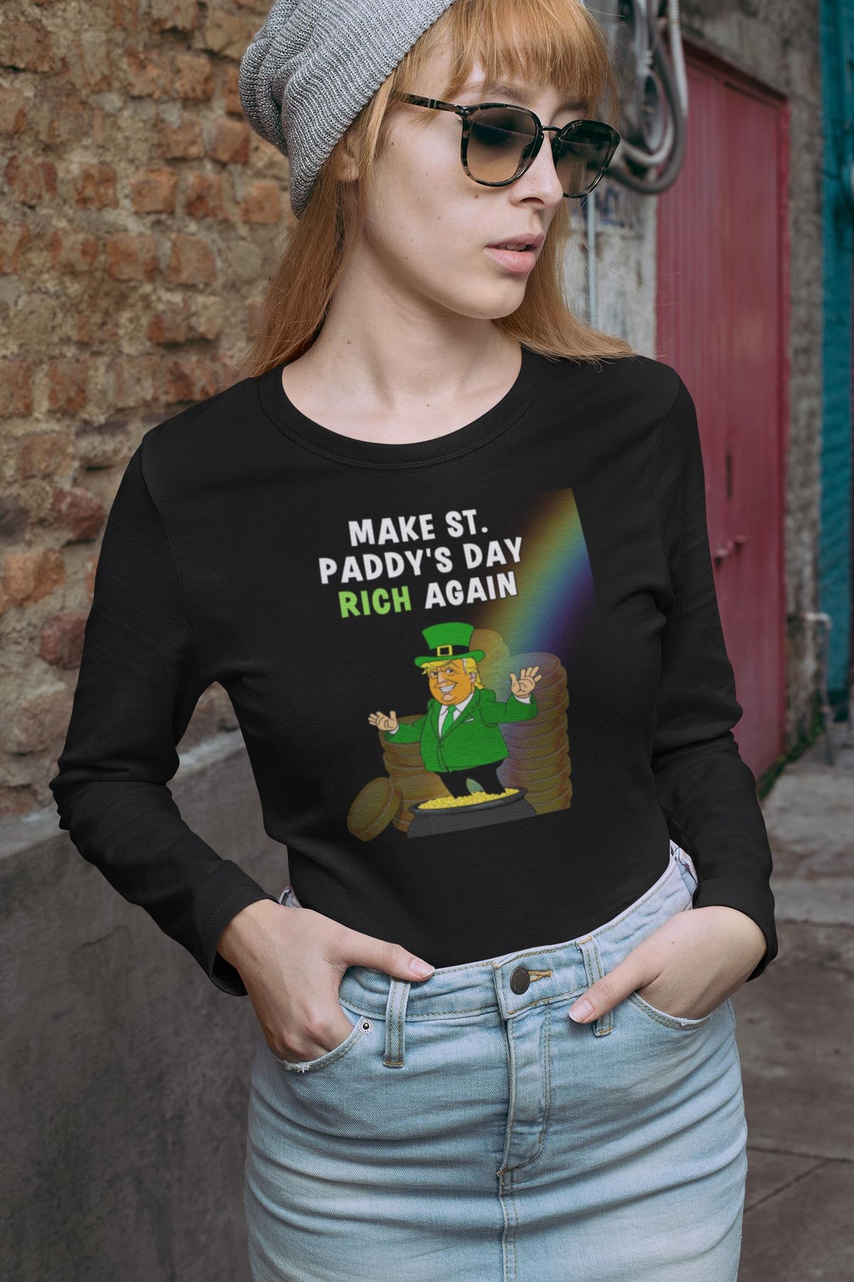 St. Patricks Day Festive and Political Trump Figure Themed Make St. Paddys Day Rich Again End of the Rainbow Womens Long Sleeve T Shirt Women's Long Sleeves Oldglory.com