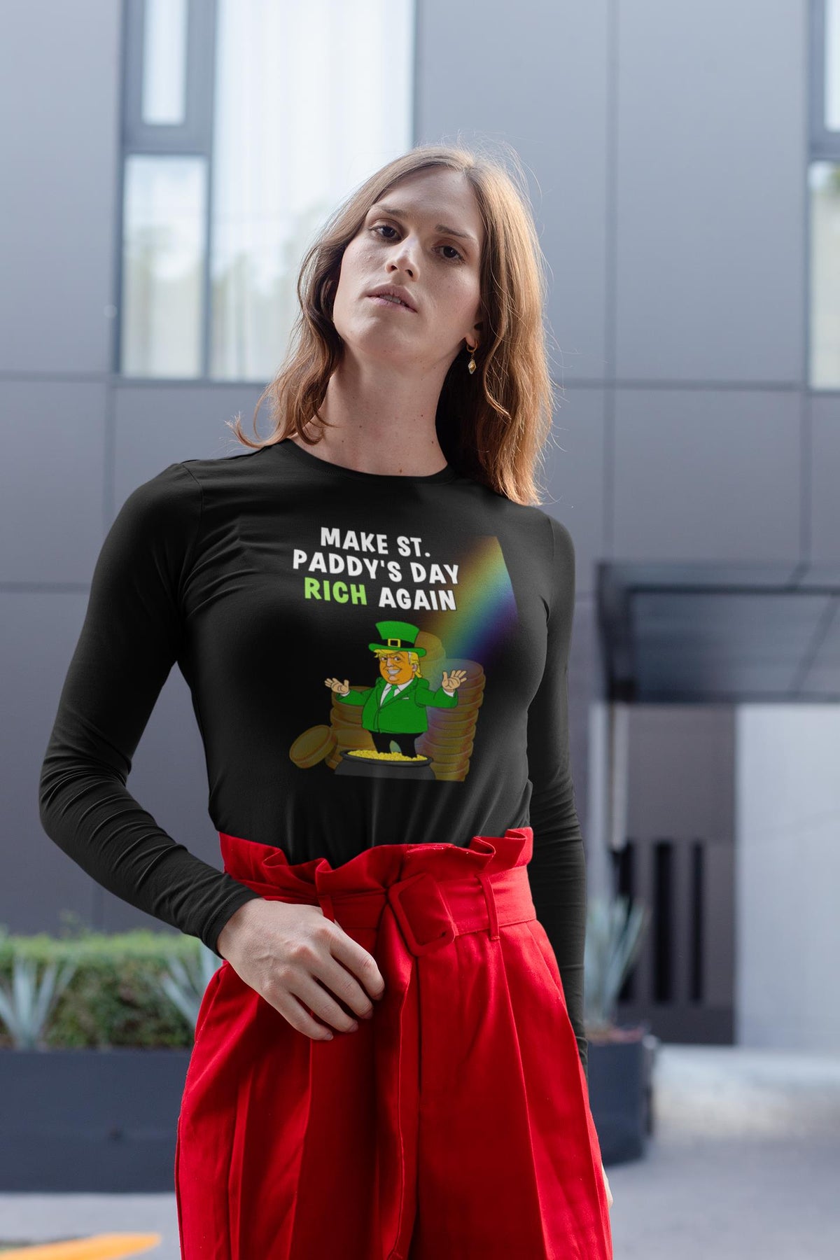 St. Patricks Day Festive and Political Trump Figure Themed Make St. Paddys Day Rich Again End of the Rainbow Womens Long Sleeve T Shirt Women's Long Sleeves Oldglory.com