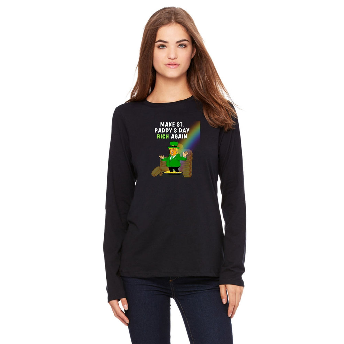 St. Patricks Day Festive and Political Trump Figure Themed Make St. Paddys Day Rich Again End of the Rainbow Womens Long Sleeve T Shirt Women's Long Sleeves Oldglory.com SM Black