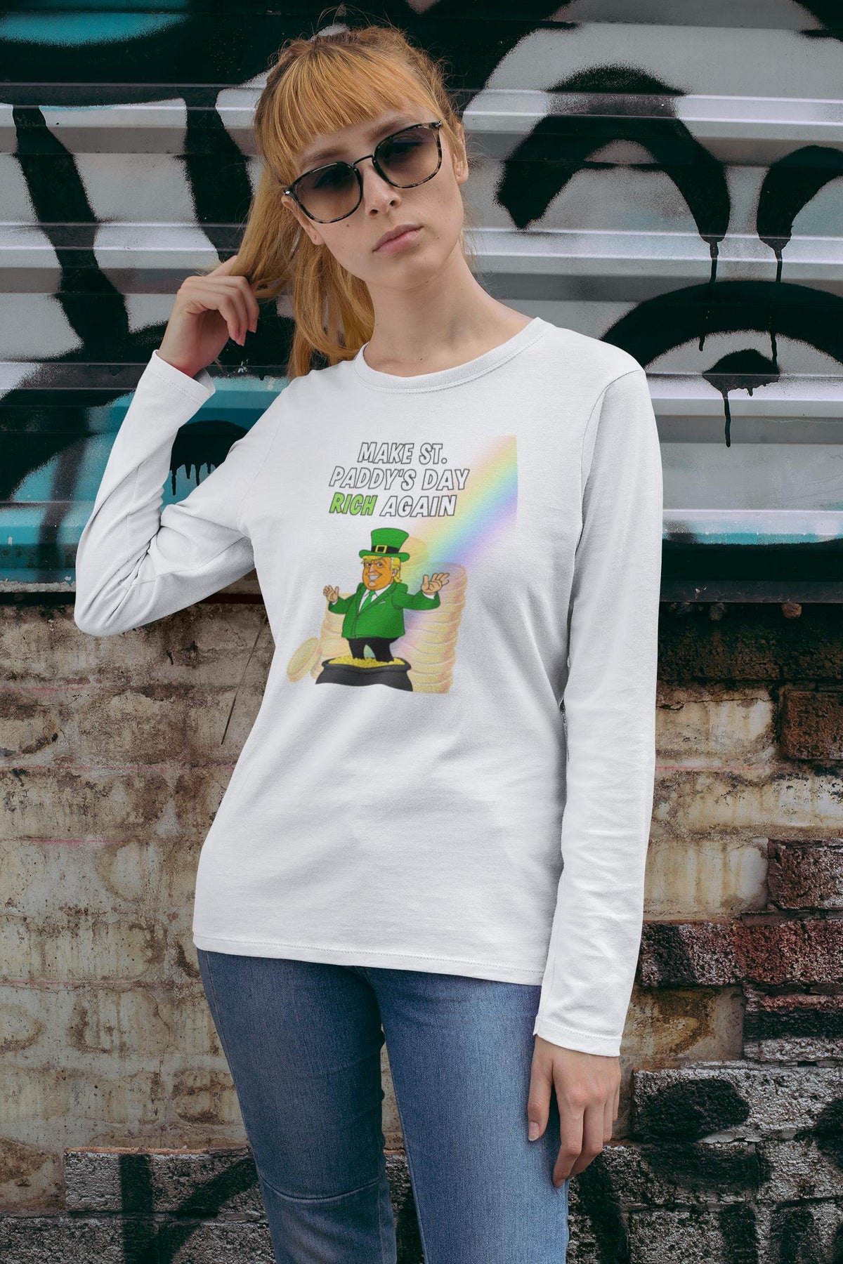 St. Patricks Day Festive and Political Trump Figure Themed Make St. Paddys Day Rich Again End of the Rainbow Womens Long Sleeve T Shirt Women's Long Sleeves Oldglory.com