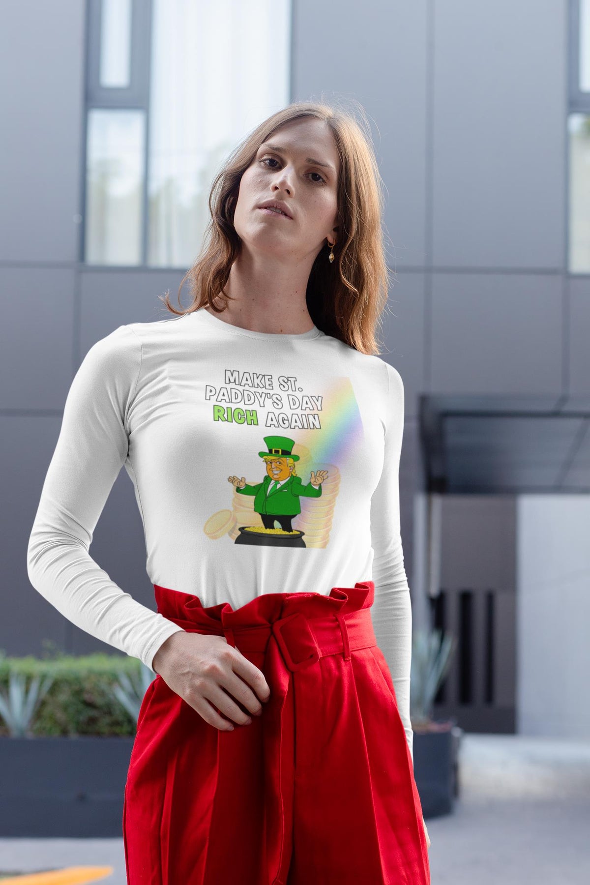 St. Patricks Day Festive and Political Trump Figure Themed Make St. Paddys Day Rich Again End of the Rainbow Womens Long Sleeve T Shirt Women's Long Sleeves Oldglory.com