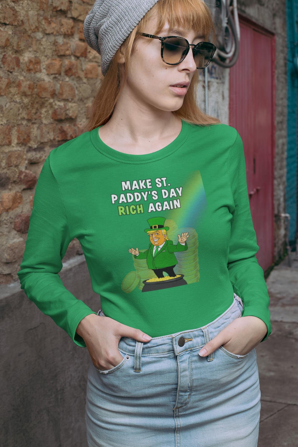 St. Patricks Day Festive and Political Trump Figure Themed Make St. Paddys Day Rich Again End of the Rainbow Womens Long Sleeve T Shirt Women's Long Sleeves Oldglory.com