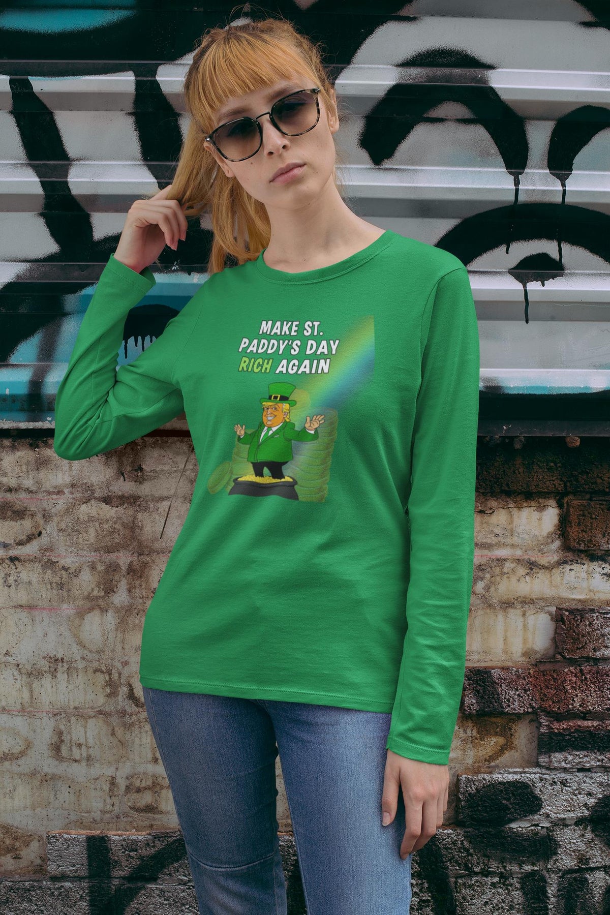 St. Patricks Day Festive and Political Trump Figure Themed Make St. Paddys Day Rich Again End of the Rainbow Womens Long Sleeve T Shirt Women's Long Sleeves Oldglory.com