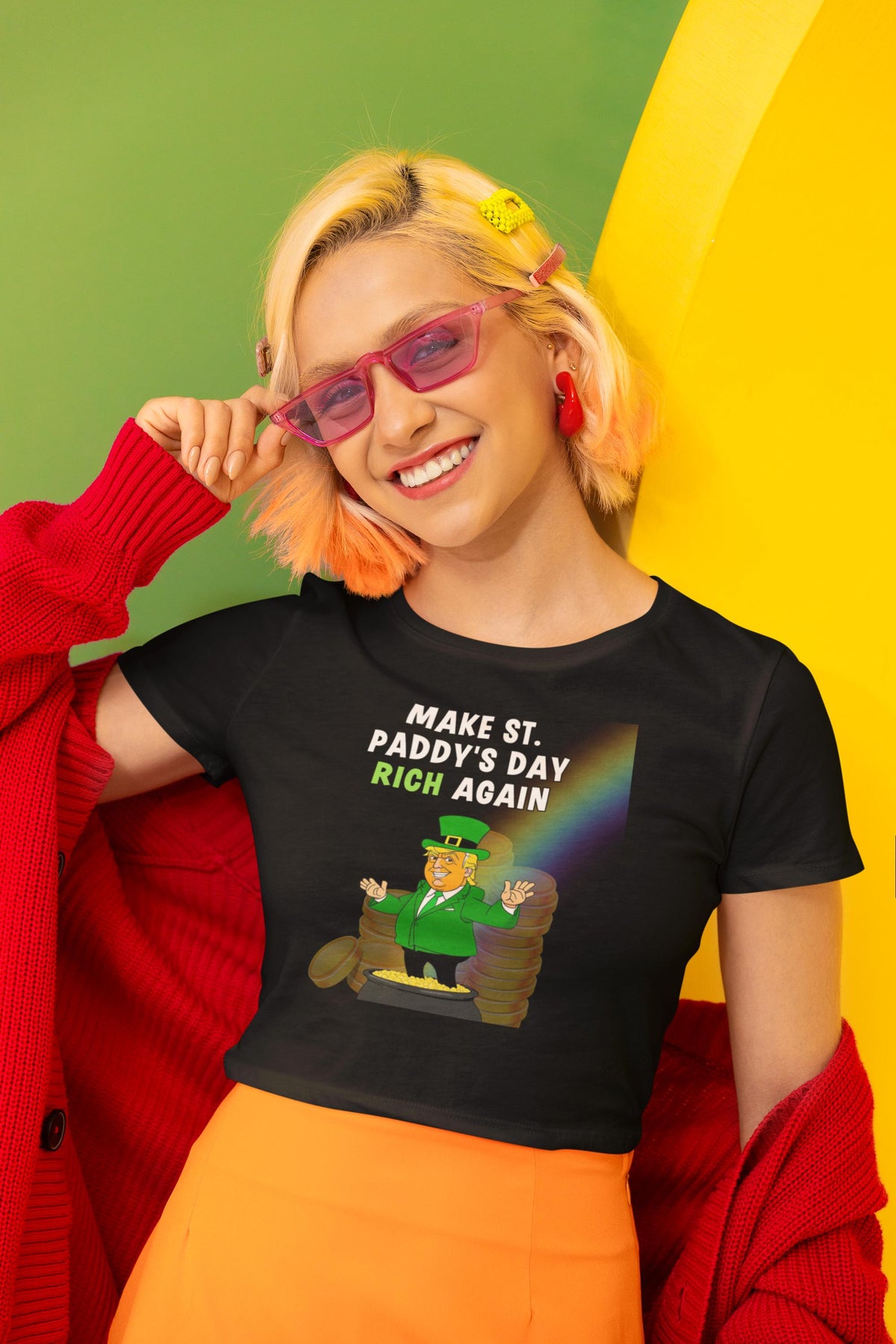 St. Patricks Day Festive and Political Trump Figure Themed Make St. Paddys Day Rich Again End of the Rainbow Juniors Womens Crop Top T Shirt Juniors Crop T-Shirts Oldglory.com