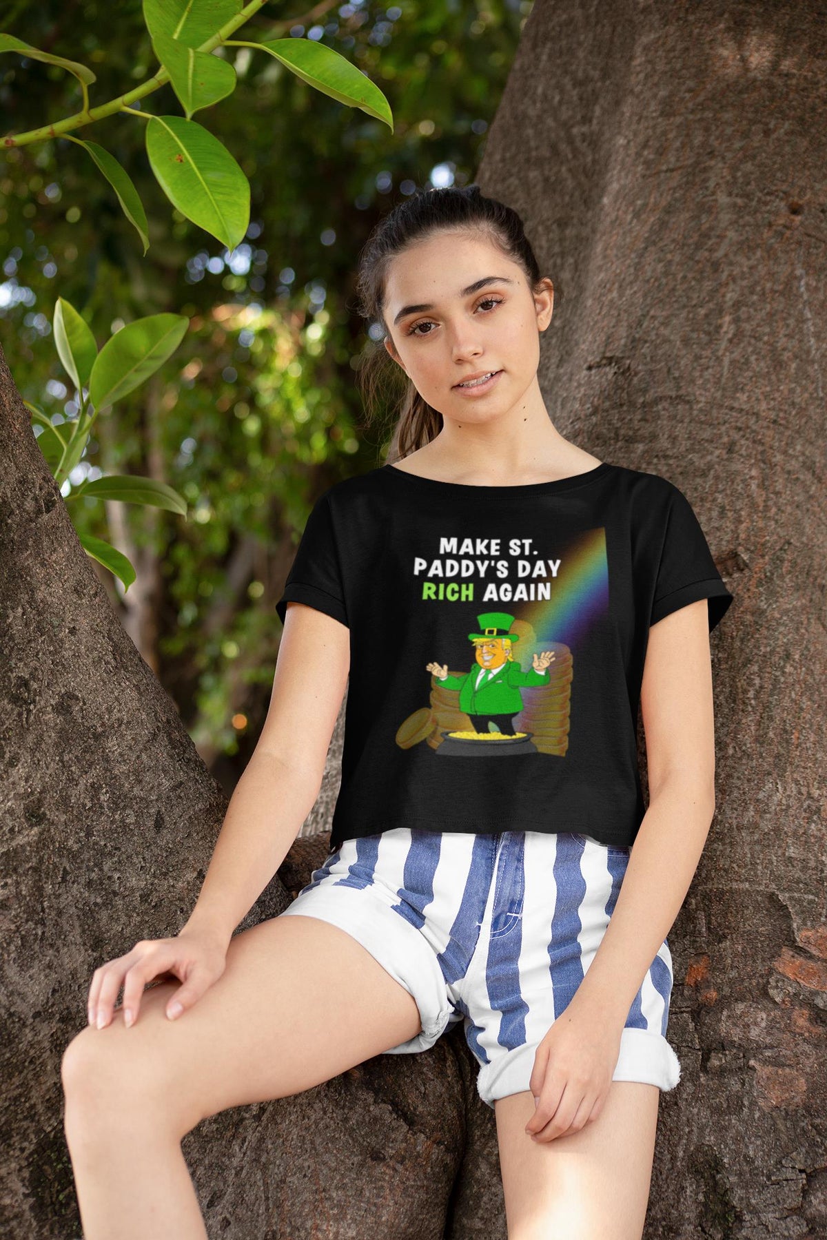 St. Patricks Day Festive and Political Trump Figure Themed Make St. Paddys Day Rich Again End of the Rainbow Juniors Womens Crop Top T Shirt Juniors Crop T-Shirts Oldglory.com