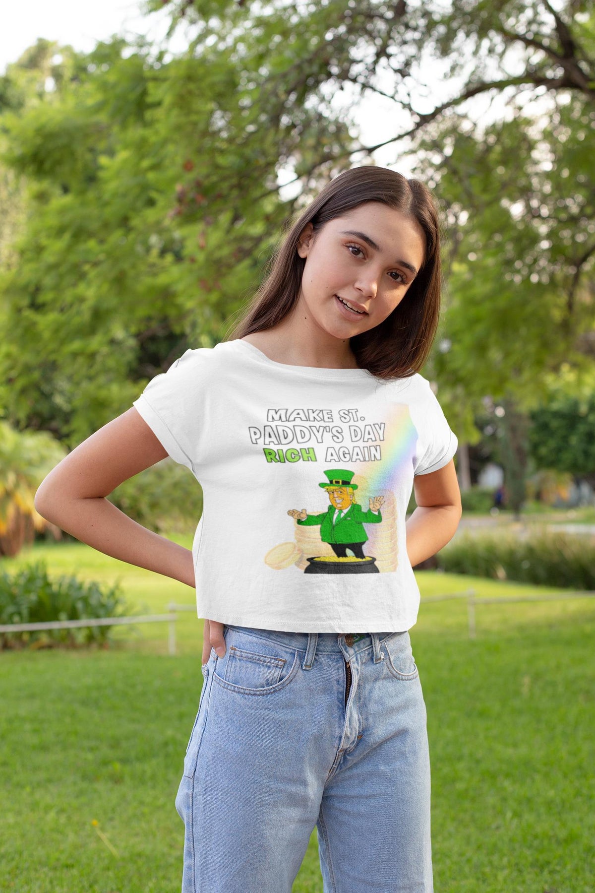 St. Patricks Day Festive and Political Trump Figure Themed Make St. Paddys Day Rich Again End of the Rainbow Juniors Womens Crop Top T Shirt Juniors Crop T-Shirts Oldglory.com