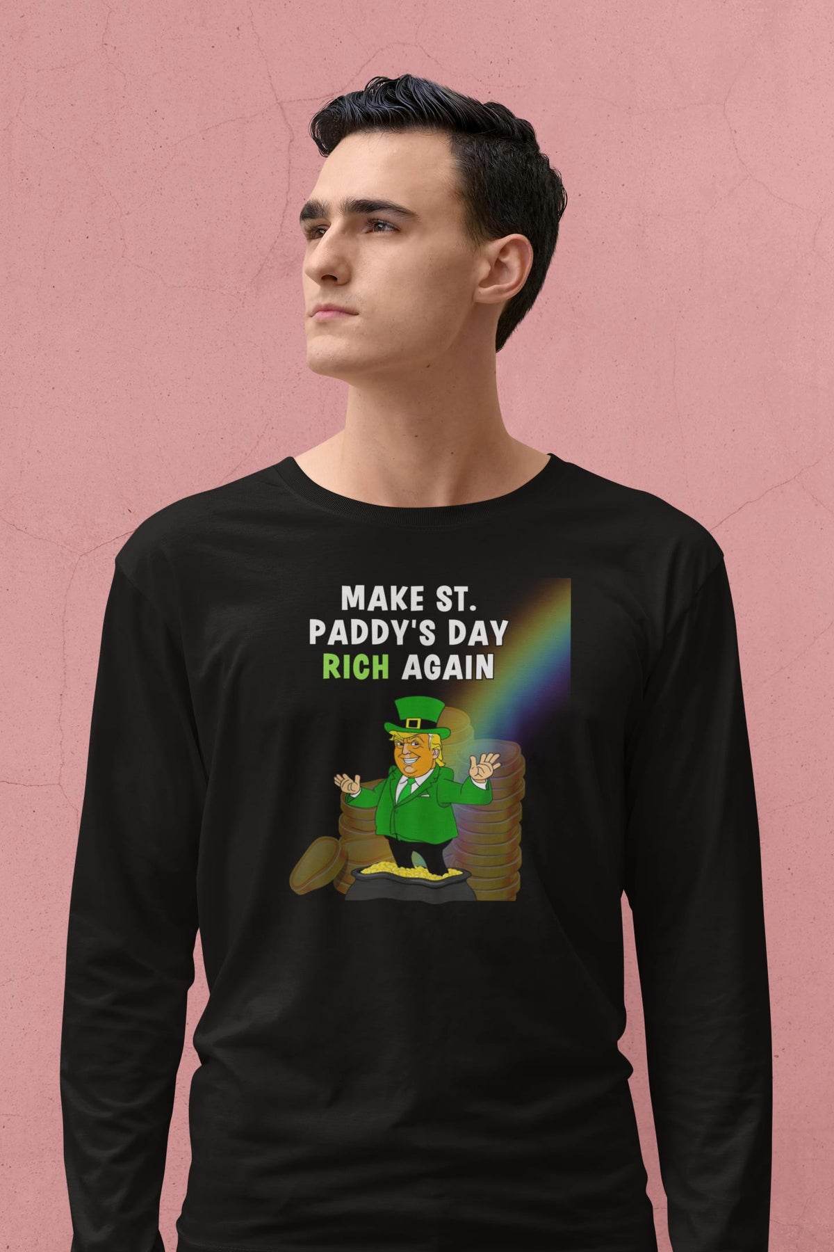 St. Patricks Day Festive and Political Trump Figure Themed Make St. Paddys Day Rich Again End of the Rainbow Mens Long Sleeve T Shirt Men's Long Sleeves Oldglory.com