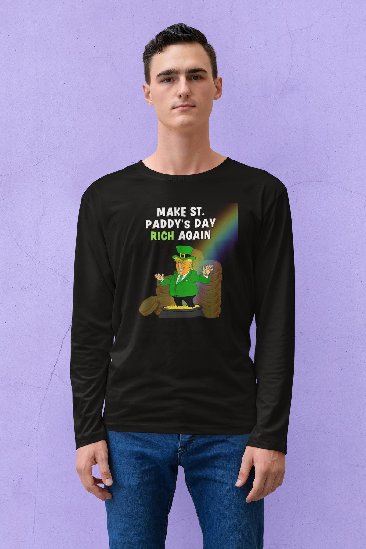 St. Patricks Day Festive and Political Trump Figure Themed Make St. Paddys Day Rich Again End of the Rainbow Mens Long Sleeve T Shirt Men's Long Sleeves Oldglory.com