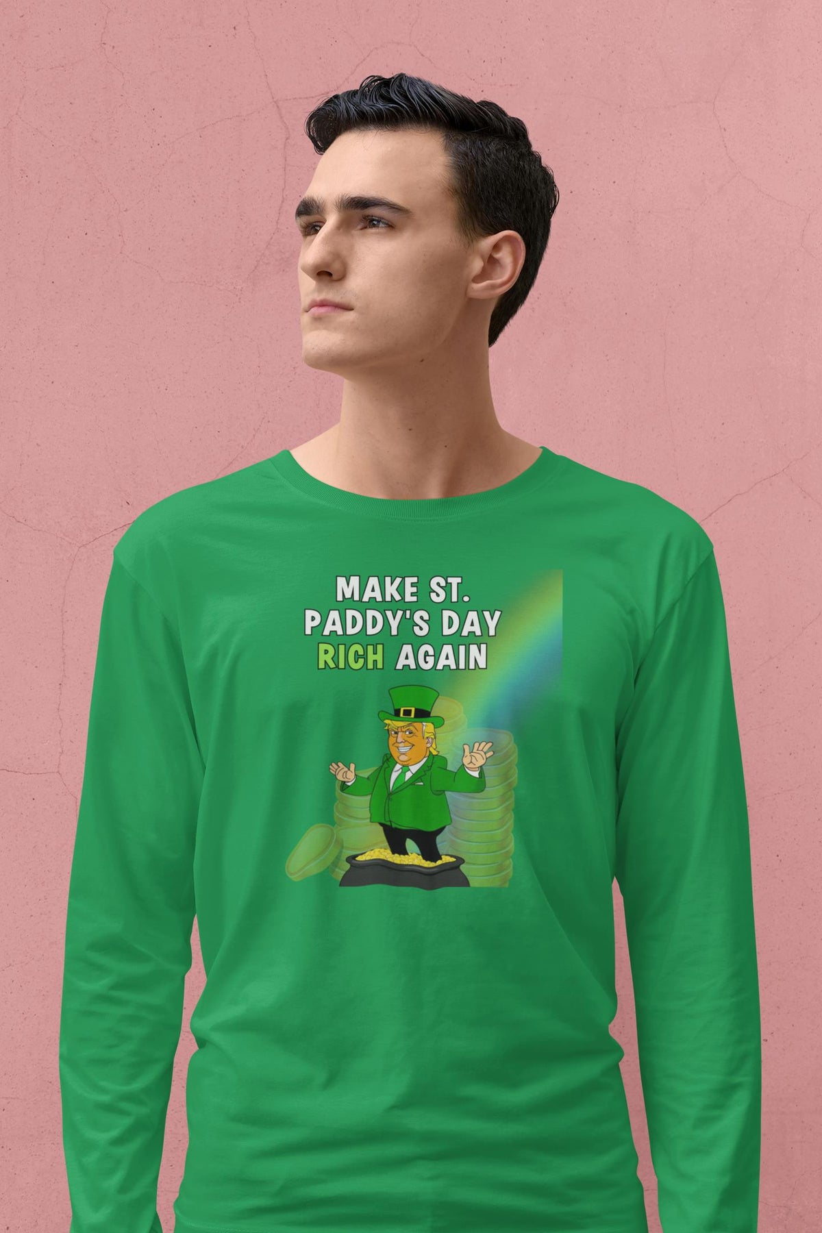 St. Patricks Day Festive and Political Trump Figure Themed Make St. Paddys Day Rich Again End of the Rainbow Mens Long Sleeve T Shirt Men's Long Sleeves Oldglory.com