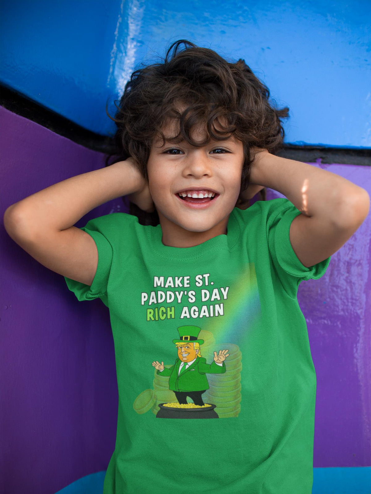 St. Patricks Day Festive and Political Trump Figure Themed Make St. Paddys Day Rich Again End of the Rainbow Youth Short Sleeve T Shirt Youth T-Shirts Oldglory.com