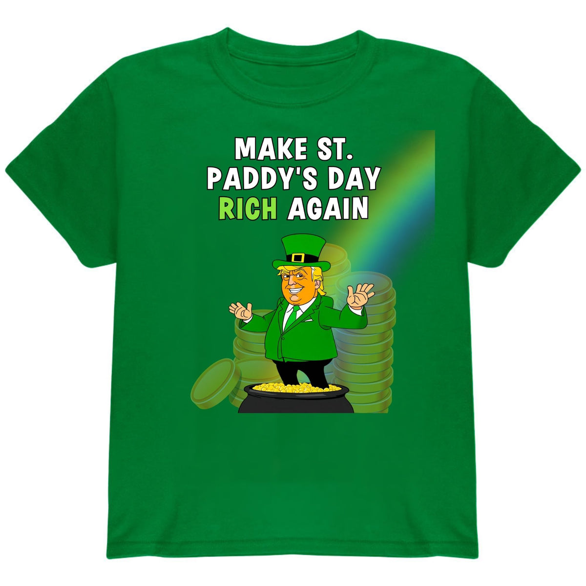 St. Patricks Day Festive and Political Trump Figure Themed Make St. Paddys Day Rich Again End of the Rainbow Youth Short Sleeve T Shirt Youth T-Shirts Oldglory.com SM Irish Green