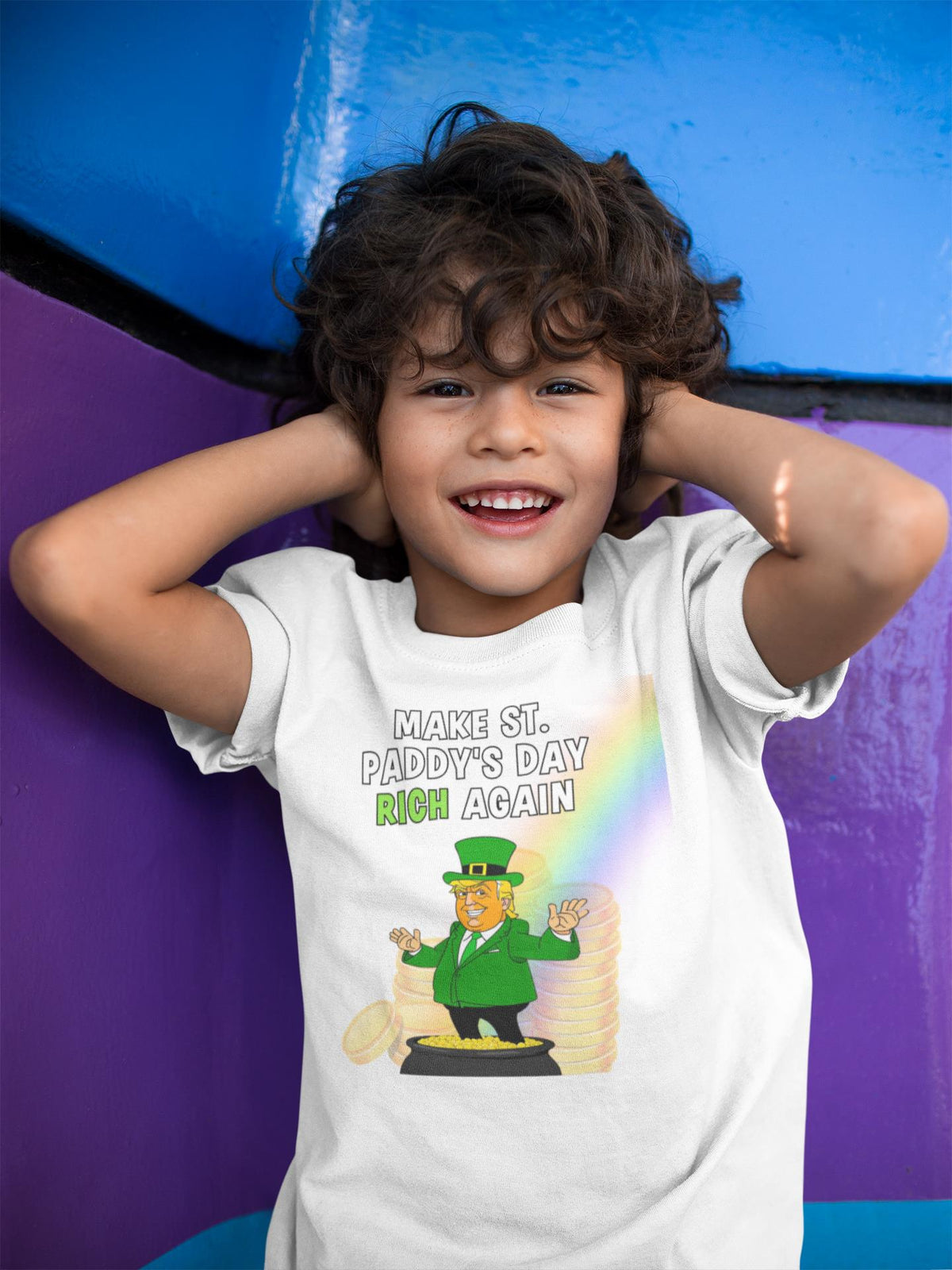 St. Patricks Day Festive and Political Trump Figure Themed Make St. Paddys Day Rich Again End of the Rainbow Youth Short Sleeve T Shirt Youth T-Shirts Oldglory.com