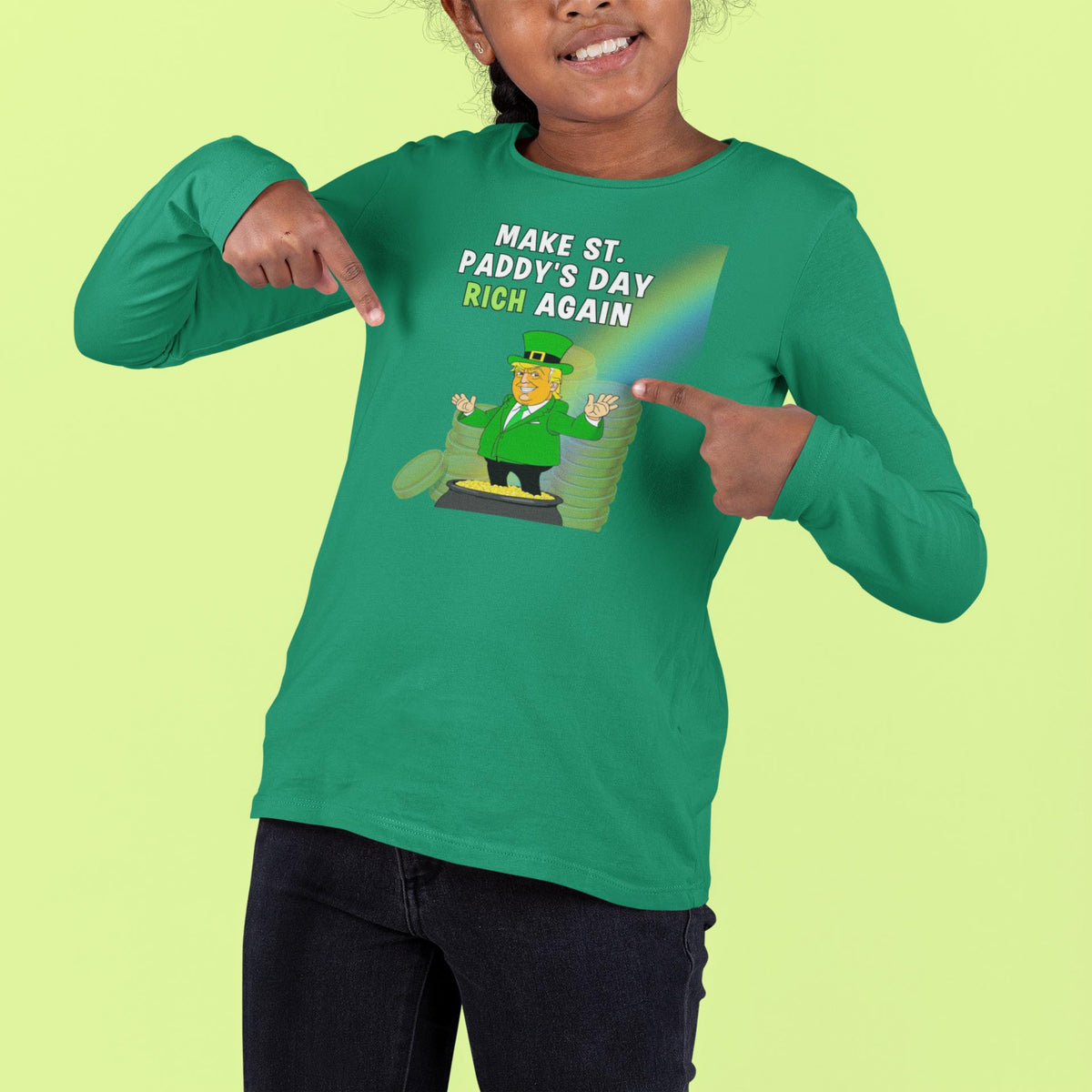 St. Patricks Day Festive and Political Trump Figure Themed Make St. Paddys Day Rich Again End of the Rainbow Toddlerr Long Sleeve T Shirt Toddler Long Sleeves Oldglory.com