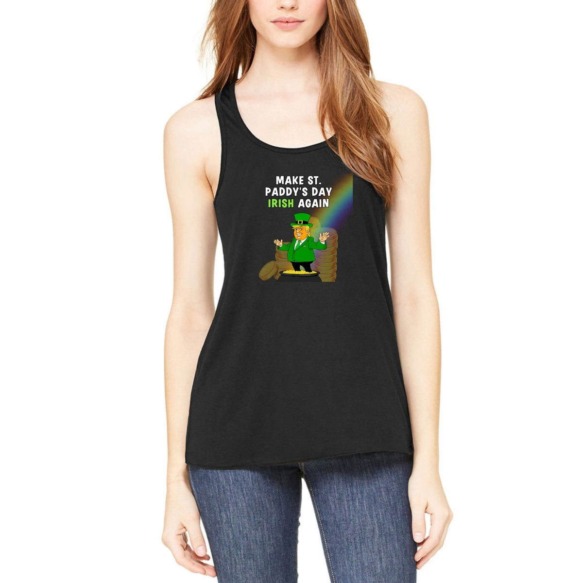 St. Patricks Day Festive and Political Trump Figure Themed Make St. Paddys Day Irish Again End of the Rainbow Juniors Womens Racerback Tank Top Juniors Tank Tops Oldglory.com SM Black