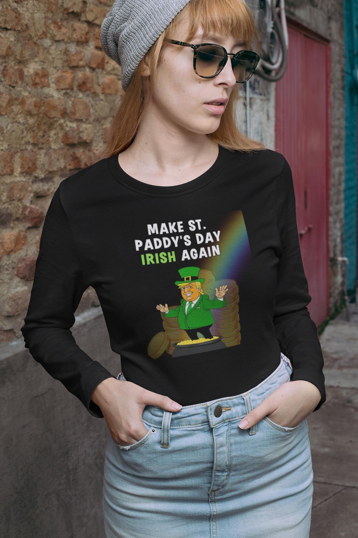 St. Patricks Day Festive and Political Trump Figure Themed Make St. Paddys Day Irish Again End of the Rainbow Womens Long Sleeve T Shirt Women's Long Sleeves Oldglory.com