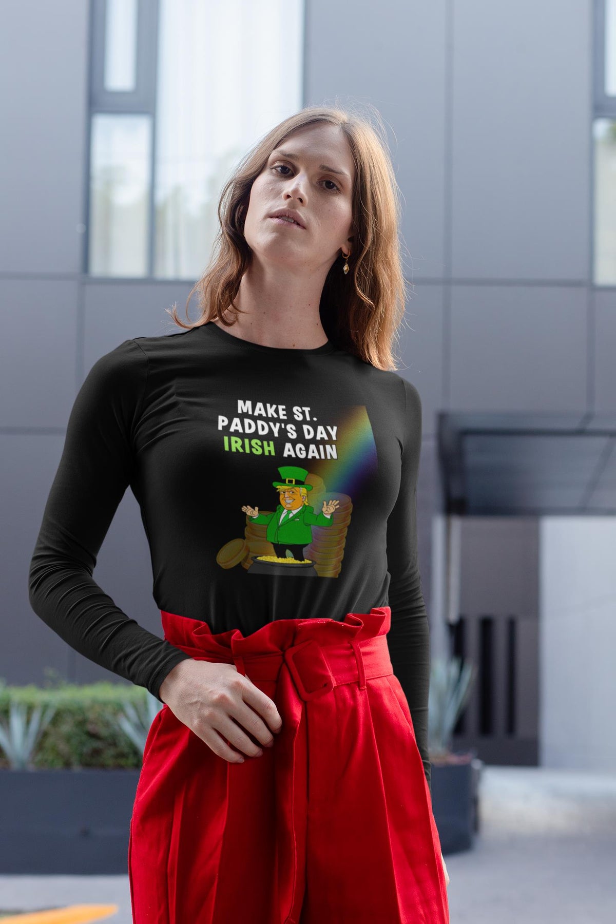 St. Patricks Day Festive and Political Trump Figure Themed Make St. Paddys Day Irish Again End of the Rainbow Womens Long Sleeve T Shirt Women's Long Sleeves Oldglory.com