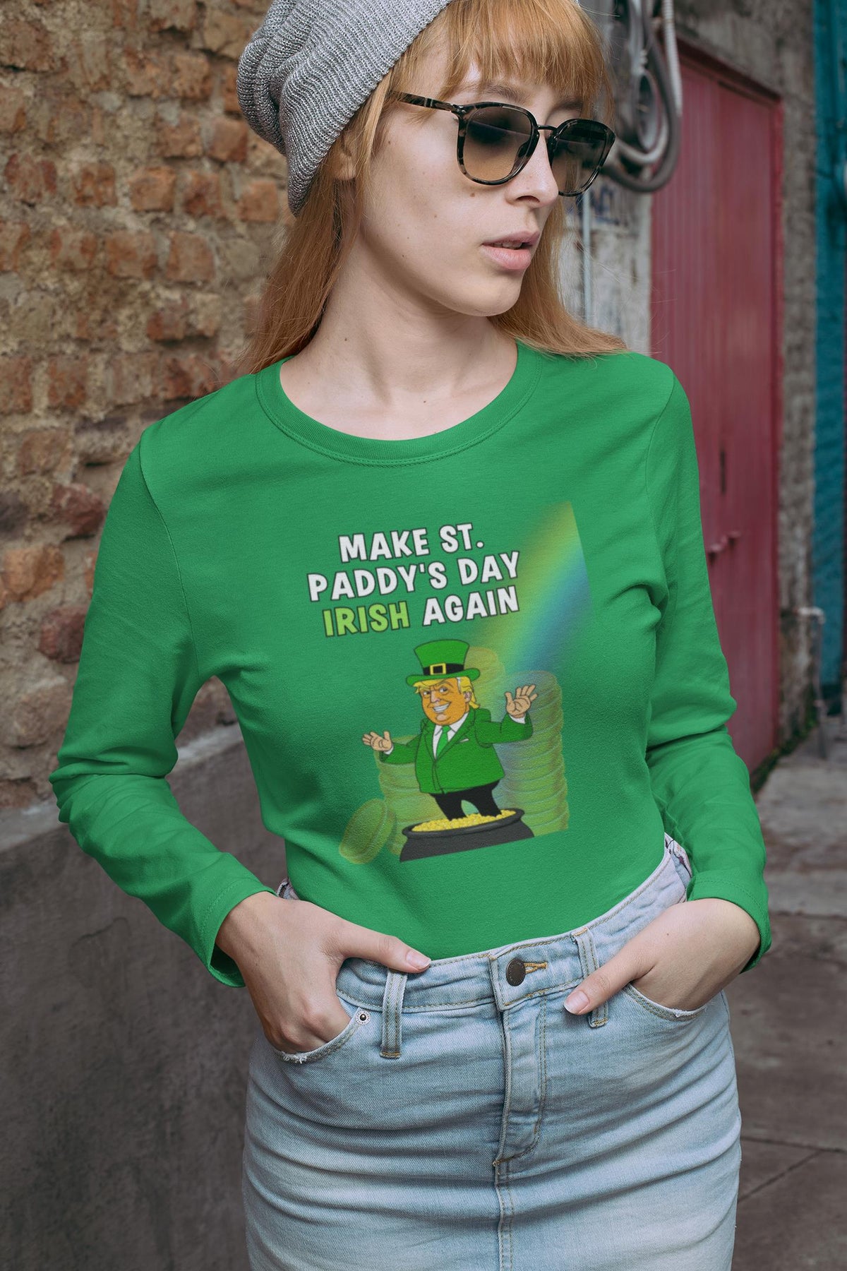 St. Patricks Day Festive and Political Trump Figure Themed Make St. Paddys Day Irish Again End of the Rainbow Womens Long Sleeve T Shirt Women's Long Sleeves Oldglory.com