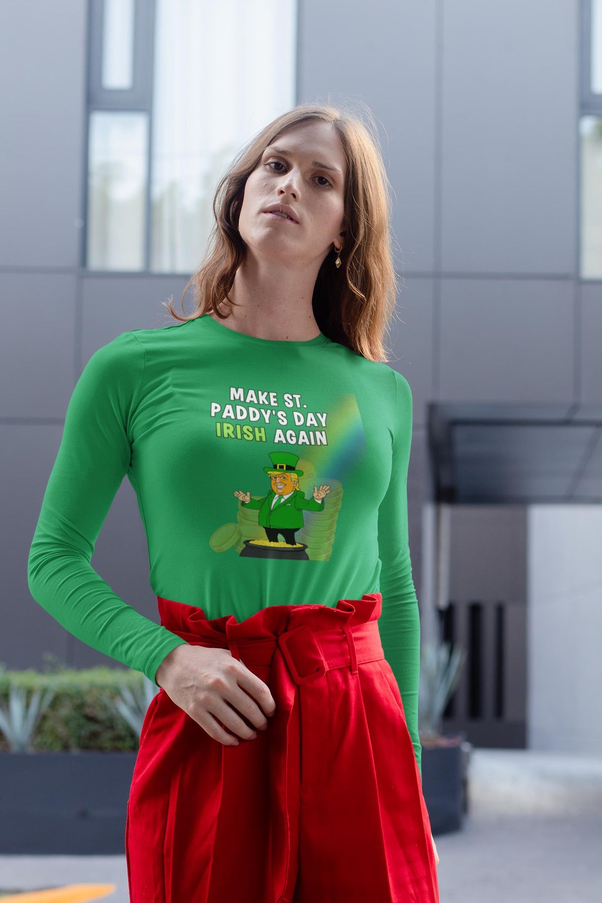 St. Patricks Day Festive and Political Trump Figure Themed Make St. Paddys Day Irish Again End of the Rainbow Womens Long Sleeve T Shirt Women's Long Sleeves Oldglory.com